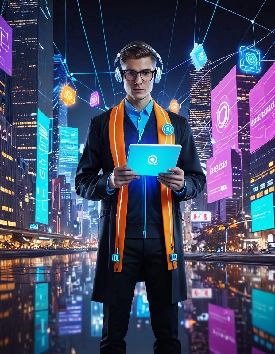 A futuristic city landscape with diverse websites and web applications floating above it, connected by sleek and vibrant cables symbolizing seamless connectivity. In the foreground, a confident character wearing modern attire holds a glowing tablet displaying the Kroshki logo, overseeing the digital realm. Subtle icons of web design and development tools are subtly embedded in the background. super-realistic. vibrant colors. digital art.