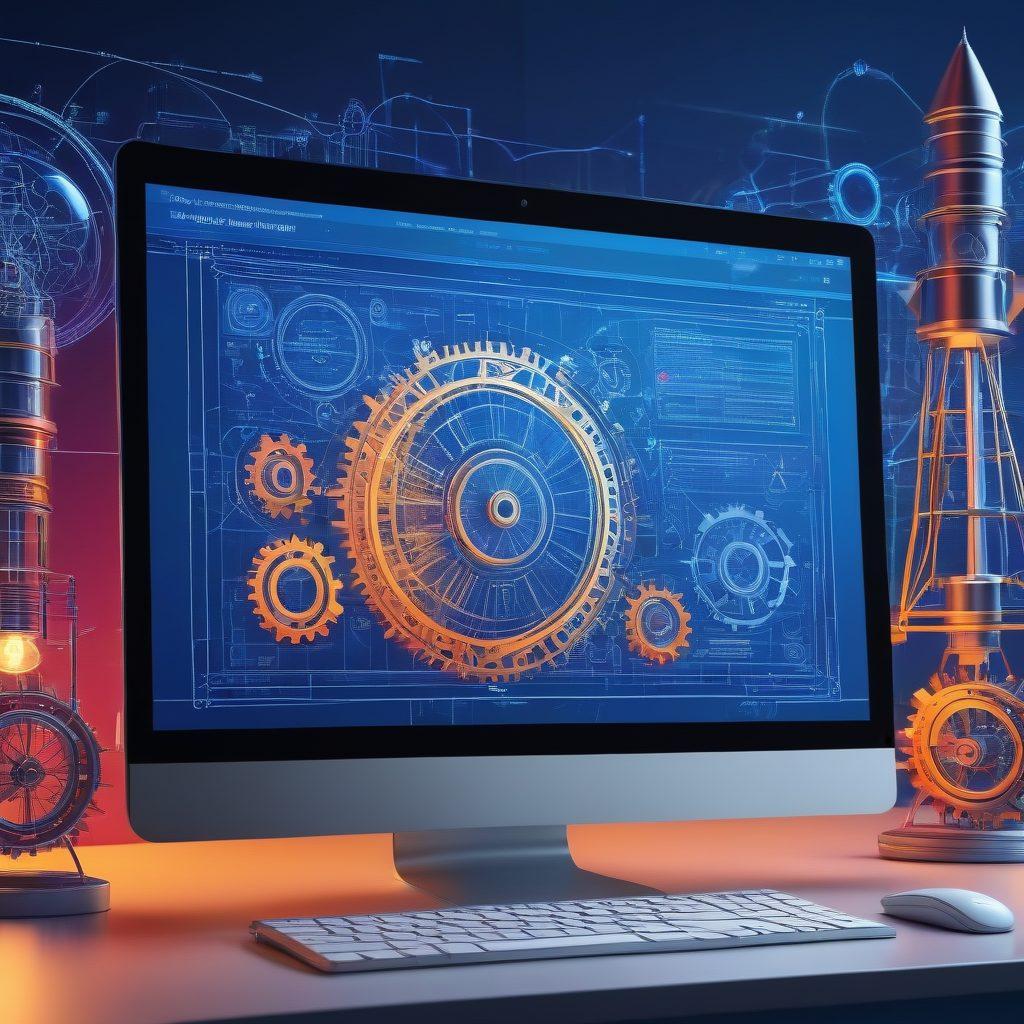 An intricate blueprint evolving into a sleek, modern website on a computer screen. Surrounding elements include gears, lightbulbs, and a rocket launching, symbolizing innovation and launch. The backdrop features a dynamic digital network connecting various devices. vibrant colors. 3D.