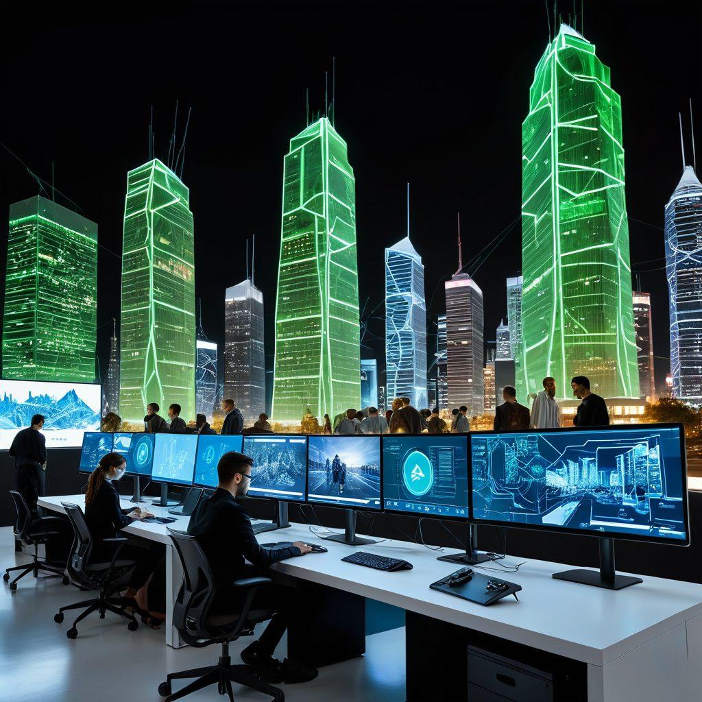 A futuristic cityscape with sleek, modern buildings and interconnected digital networks. In the foreground, a team of experts working on advanced computers, coding, and designing websites on large holographic screens with the Kroshki logo. Elements of augmented reality and green technology seamlessly integrated into the environment. super-realistic. vibrant colors. white background.